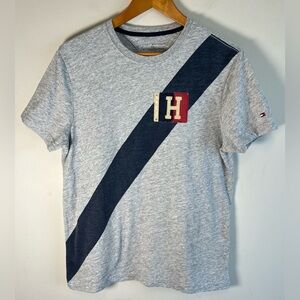 Tommy Hilfiger Mens T-shirt S Grey Blue Diagonal Stripe Embroidered Patch 2014